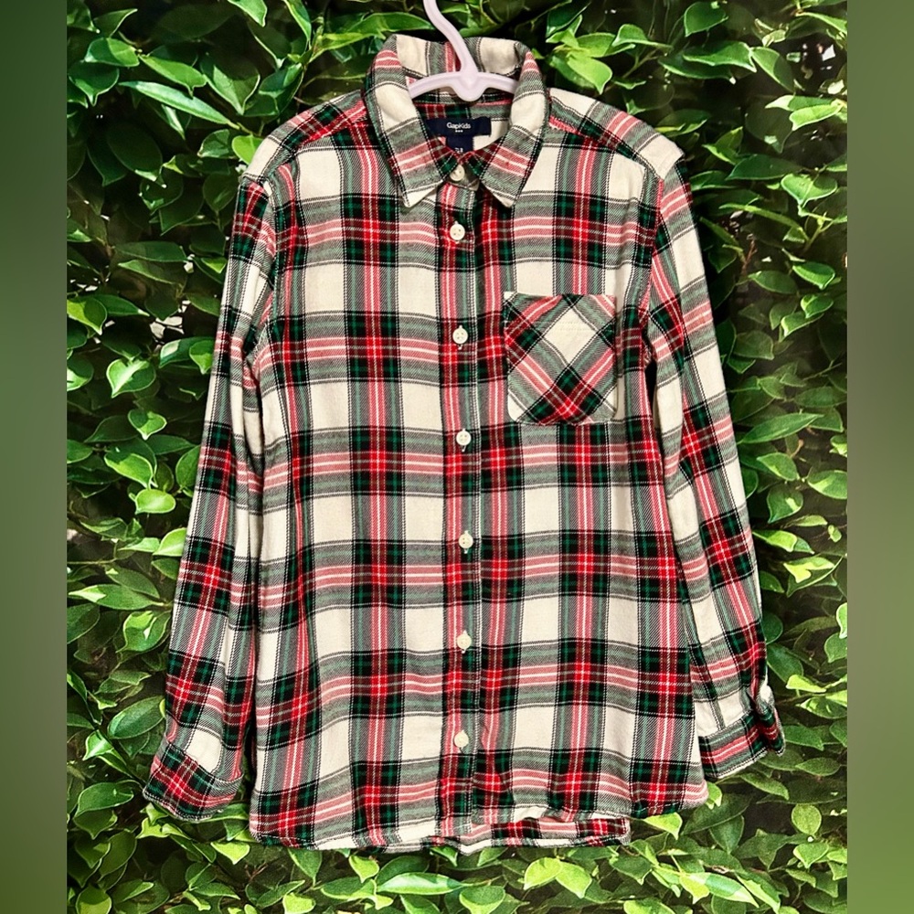 Gap Kids Plaid Button Down Shirt Cotton Blend Red White Green Boys Small 6-7